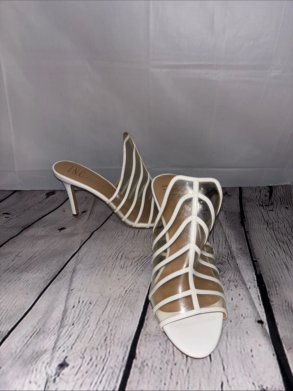 INC International Concepts White Clear Cage Strap Heels